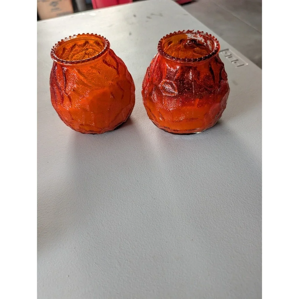Vintage MCM Orange, Red Lowboy Citronella Textured Glass  Candles. Venetian 132